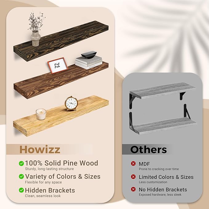 24'' Pine Wood Floating Shelves for Wall- Set of 2 - Rustic Wall Mounted Wooden Shelf for Stylish Home Décor (Dark Brown, 24x6.5x1.25), 2pcs