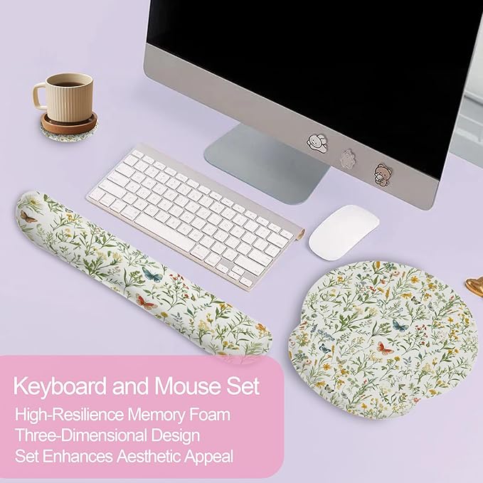 Wildflowers Butterfly Mouse Pad with Wrist Rest and Keyboard Wrist Rest Set, Vintage Garden Plants Herb Flower Non-Slip Rubber Base Memory Foam Mouse Pad Set for Women, Office Desk Accessories, Gaming