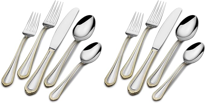Mikasa, Gold Accent Regent Bead Flatware Service for 12, 65 Piece Set, 18/10 Stainless Steel, Silverware Set with Serving Utensils (Pack of 2)
