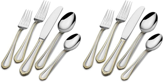 Mikasa, Gold Accent Regent Bead Flatware Service for 12, 65 Piece Set, 18/10 Stainless Steel, Silverware Set with Serving Utensils (Pack of 2)