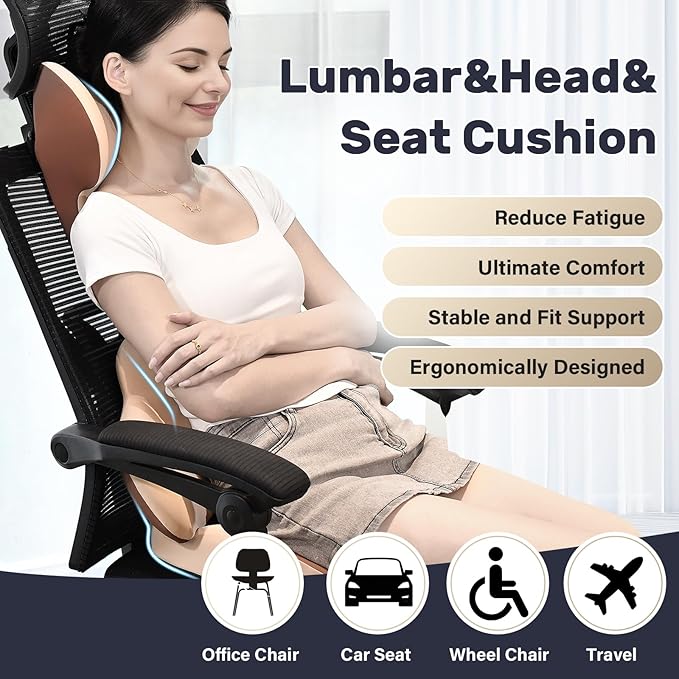 Coverado Car Seat Cushion and Lumbar Support with Headrest Pillow Memory Foam Ergonomic Back Support Driving Seat Cushion Neck Head Pillow, Back Pain Relief, Cushion for Car Driver Office