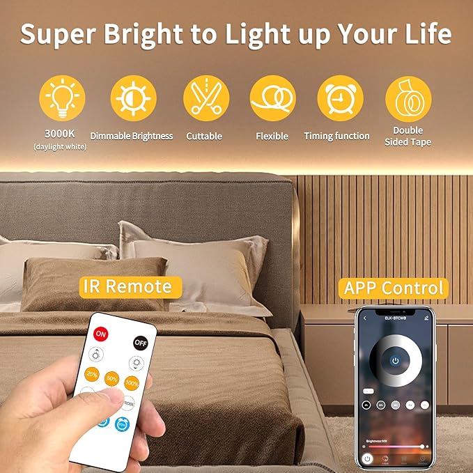 100FT COB LED Strip Lights Warm White Dimmable DC 24V 3000K Flexible LED Tape Light for Bedroom, with Remote and app Control LED Tape Lights,for DIY Home Decoration