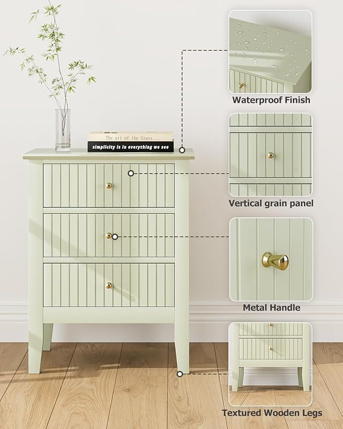 Fluted Nightstand, Farmhouse Night Stand with 3 Drawers, Mid Century Modern Side Accent Table,Bedside End Table for Bedroom, Living Room, Pale Green