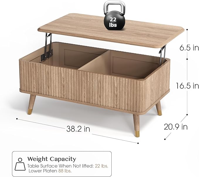 Lift Top Coffee Table, Mid Century Modern Coffee Table with Hidden Compartment, Fluted Lift Tabletop Center Table for Living Room, Home Office, Oak