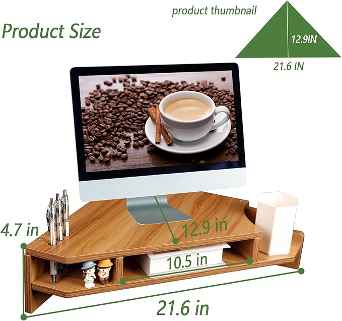 Triangle Monitor Stand Riser, Wooden Triangle Desktop Computer Stand with Office Organization, Walnut Color