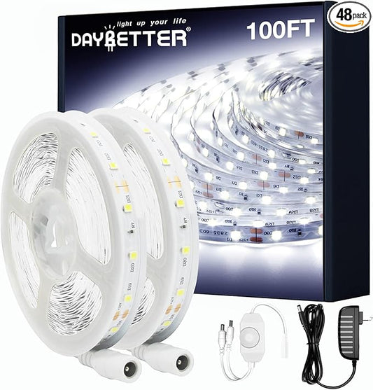 DAYBETTER White LED Strip Light, 100 ft Dimmable Strip, 6500K 24V Lighting Strips, 1800 LEDs 2835 Tape Lights for Bedroom, Kitchen, Mirror, Home Decoration(2 Rolls of 50 ft)