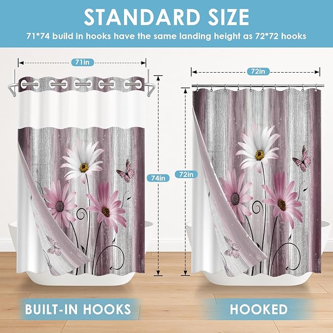 No Hook Flower Daisy Shower Curtain with Snap in Fabric Liner Set, Pink Rustic Farmhouse Double Layers Waterproof Fabric with See Through Top Window Open Grommet Bath Curtain 71x74 Inch