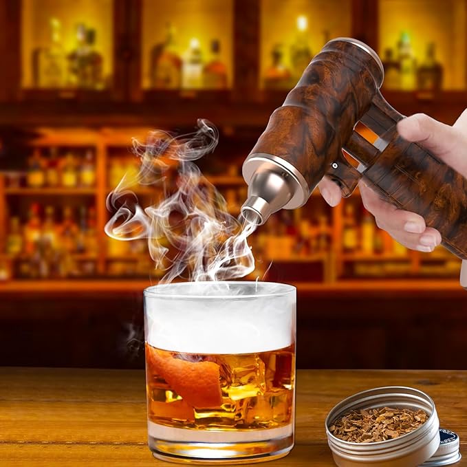 Whiskey Smoker Electric Set Bourbon Gifts for Men Old Fashioned Smoker Drink With 6 Wood Chips and 6 Whiskey Stones Food and Cocktail Smoked Kitchen Bar Tools Cool Christmas White Elephant Gifts Brown