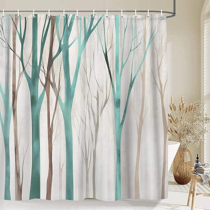 MERCHR Brown Teal Tree Fabric Shower Curtain, Art Style Abstract Birch Forest Rustic Wood Polyester Fabric Waterproof Bath Curtain, Farmhouse Bathroom Shower Curtains with Hooks 72X84 Inch