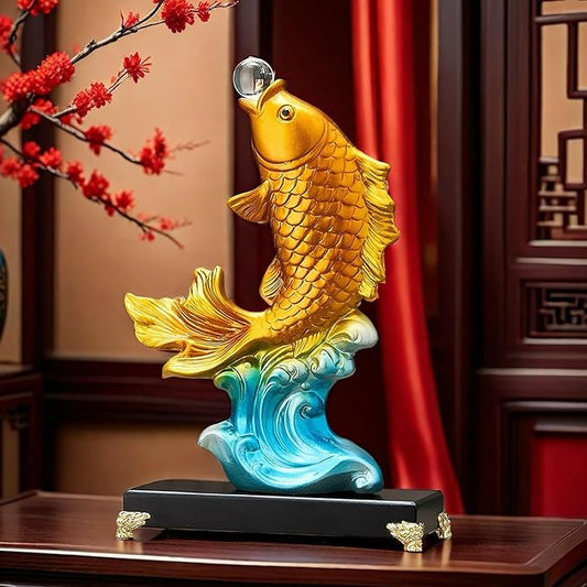 FUNSXBUG 13.3 Inch Large Chinese Feng Shui Fish Statue Sculpture Collectible Figurine Feng Shui Decor Home Office Decoration Tabletop Decor Ornaments Good Lucky Gifts (Gold)