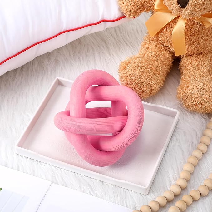 3 Link Wood Knot Decor - Hand Carved Coffee Table Decoration, Boho Chain Link Decor, Modern Shelf, Rustic Objects for Home Living Room Bedroom(Pea-Pink)