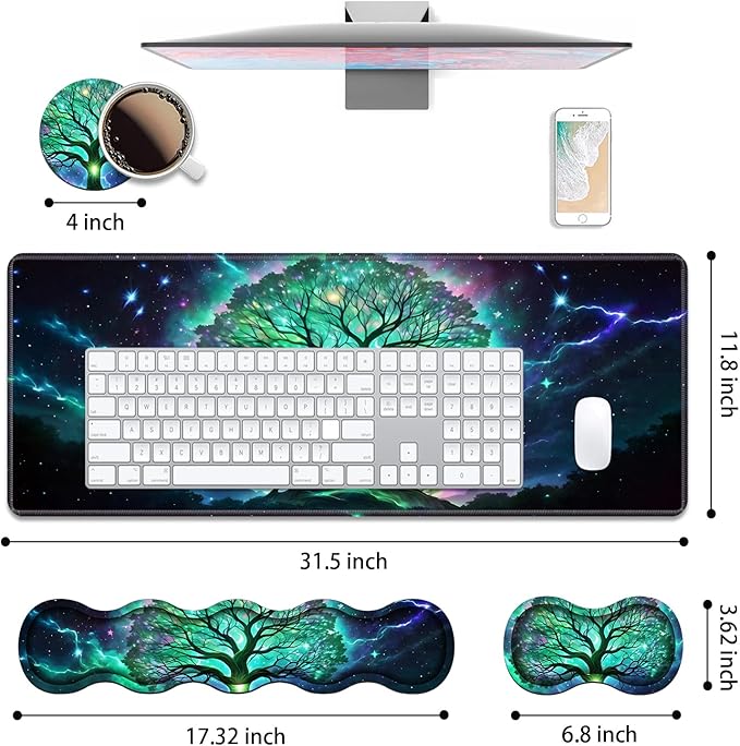 4 in 1 Ergonomic Keyboard Wrist Rest & Mouse Pad Wrist Rest Set, Large XXL Gaming Desk Mat 31.5"x 11.8" with Non-Slip Base, Memory Foam for Home Office Study Gaming, Tree of Life