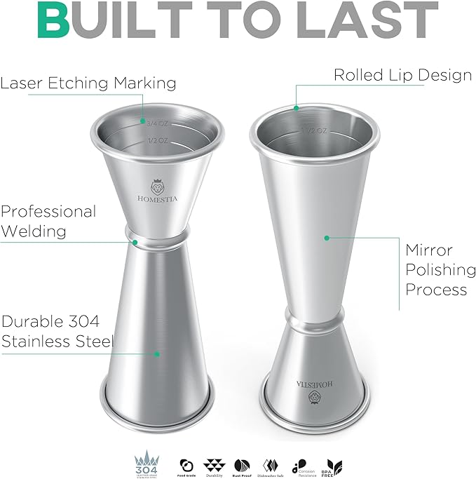 Homestia 2 Pcs Double Cocktail Jigger - Double Jigger and Japanese Style Stainless Steel Bar Measuring Jigger - 1 Oz to 2 Oz Jiggers -Silver Alcohol Measuring Tools (2 Pieces)