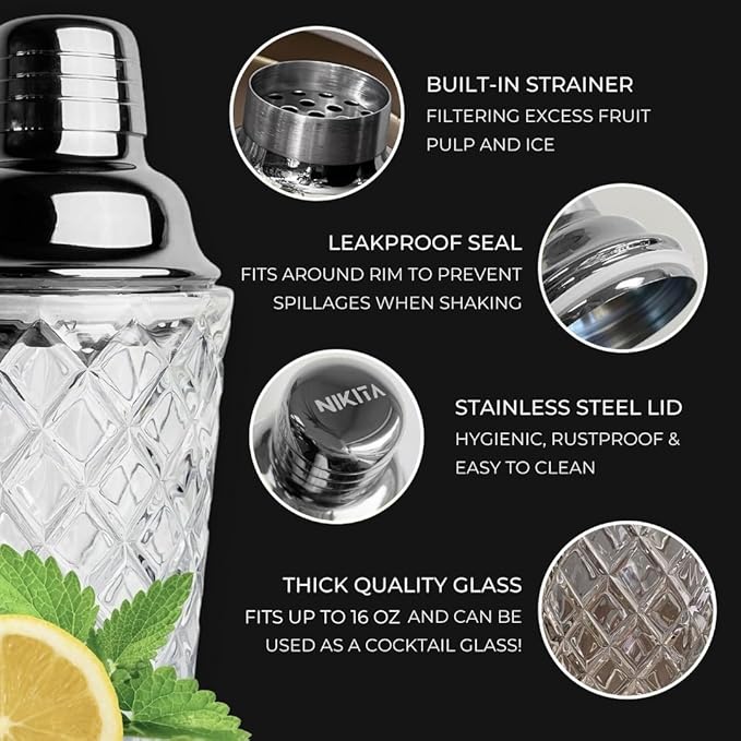 Silver Cocktail Shaker Glass Set - 5 Piece Martini Shaker Set with Strainer, Jigger, Spoon & Muddler - 16oz Crystal Shaker - Ideal Gift for Home Bar & Drink Trolley Décor