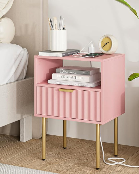 Masupu Nightstand with Charging Station,Mid-Century Modern Bedside Table with Storage Drawer and Open Wood Shelf,Small Gold Frame Side Table for Bedroom,Living Room (Pink Fluted)