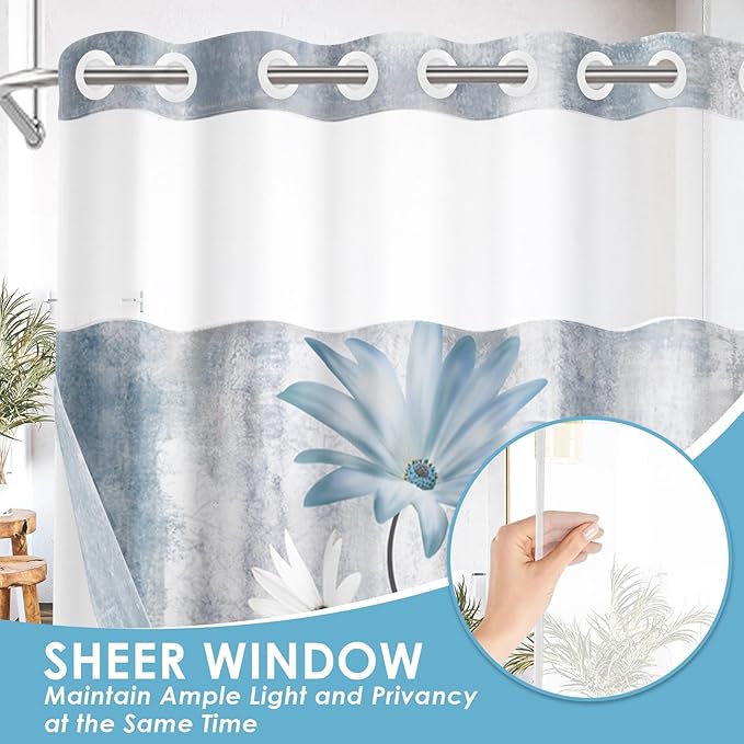 No Hook Rustic Farmhouse Shower Curtain with Snap in Fabric Liner Set, Blue Daisy Flowers and Butterfly on Country Wooden Double Layers Waterproof with See Through Top Bath Curtain 71x74 Inch
