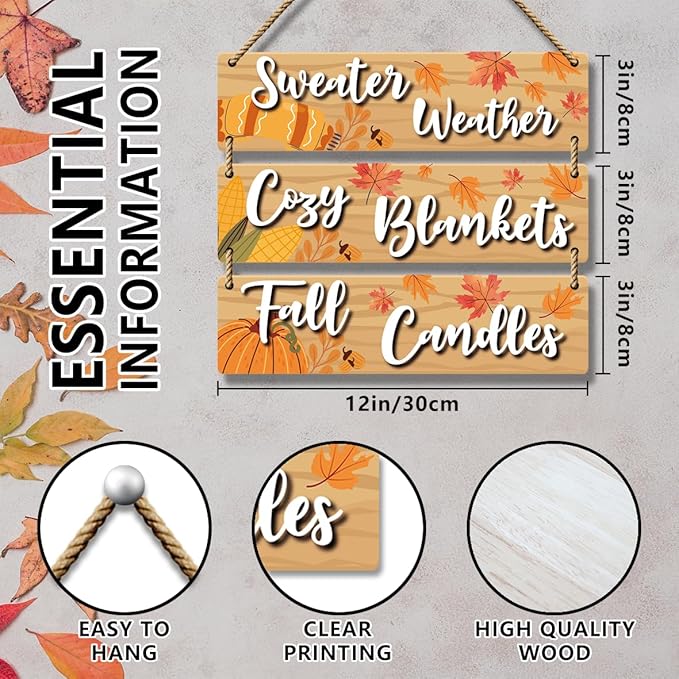 3 Pieces Fall Rustic Wooden Board Wall Decor Hanging Signs Decor, Thanksgiving Autumn Pumpkin Maple Leaves Wooden Plaque Farmhouse Wall Signs for Indoor Outdoor Porch Door Living Room. (010)