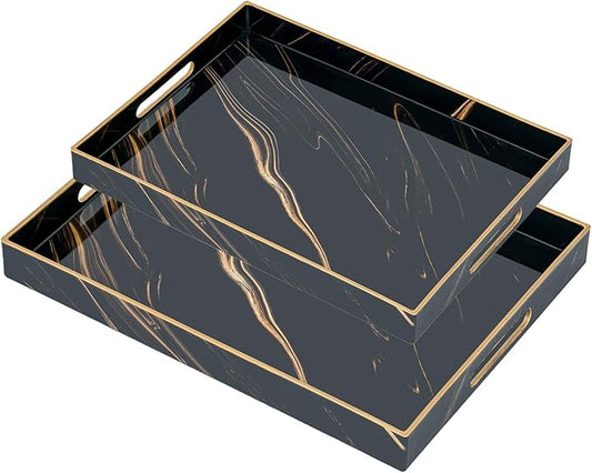 Set of 2 Serving Tray,Plastic Marble Coffee Table Tray 18.9"x13.7"x1.6"/15.7"x11.8"x1.6" Food Trays for Eating on Lap Coffee Tray with Handles Rectangular Decorative Trays,Tea Trays for Serving