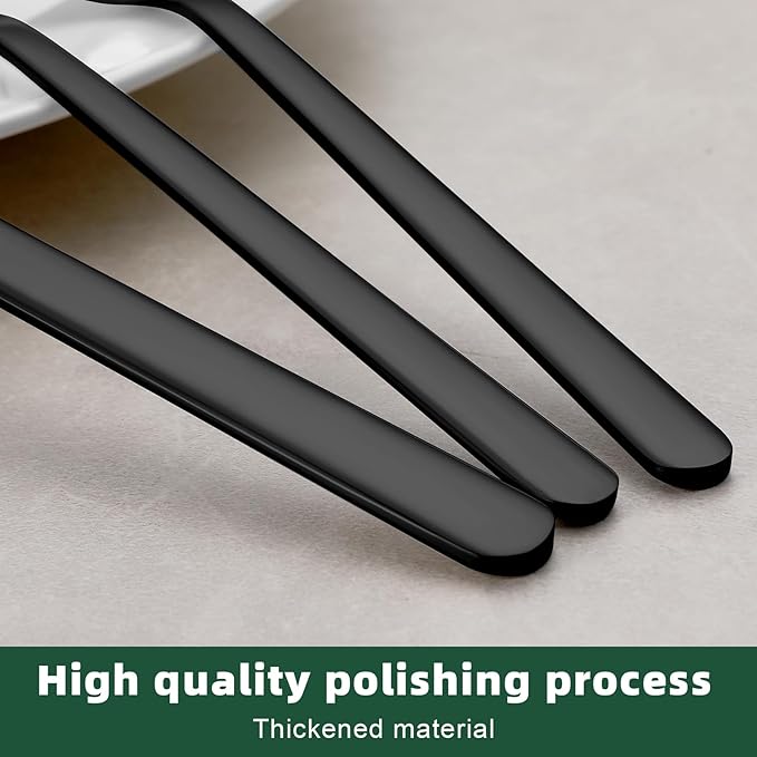 48 Pcs Black Silverware Set with Steak Knives, Food-Grade Stainless Steel Flatware Cutlery Set for 8, Mirror Polished Tableware Eating Utensils Set for Kitchen, Knife Fork Spoon Set, Dishwasher Safe