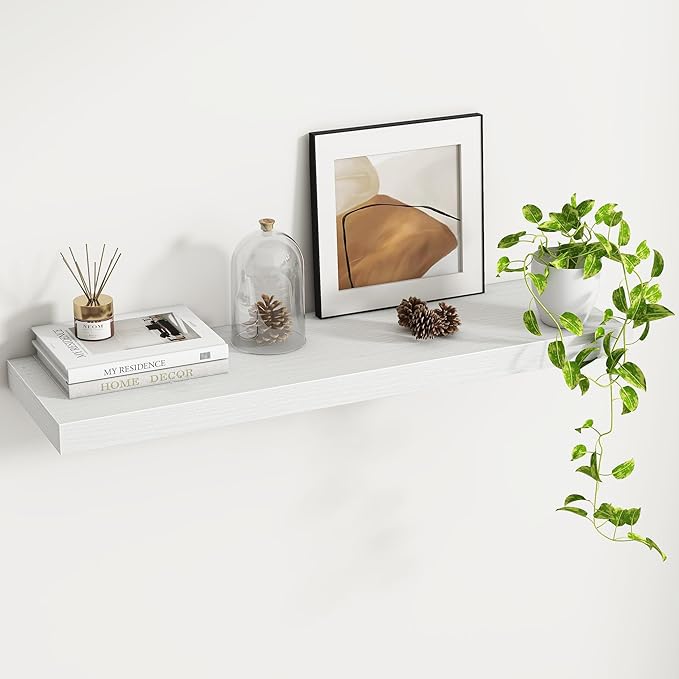 Fun Memories 36 Inch Floating Shelves - Rustic Wooden Wall Shelves - Wall Mounted Storage Shelf with Invisible Brackets - Extra Deeper & Thicker for Living Room, 36" W x 9.3" D x 1.5" H - White