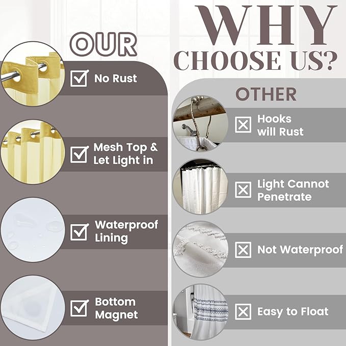 No Hook Slub Textured Shower Curtain with Snap in Liner - Yellow Fabric Outer Curtain & Waterproof Inner Liner, Hotel Style with See Through Top Window, 71x74 in