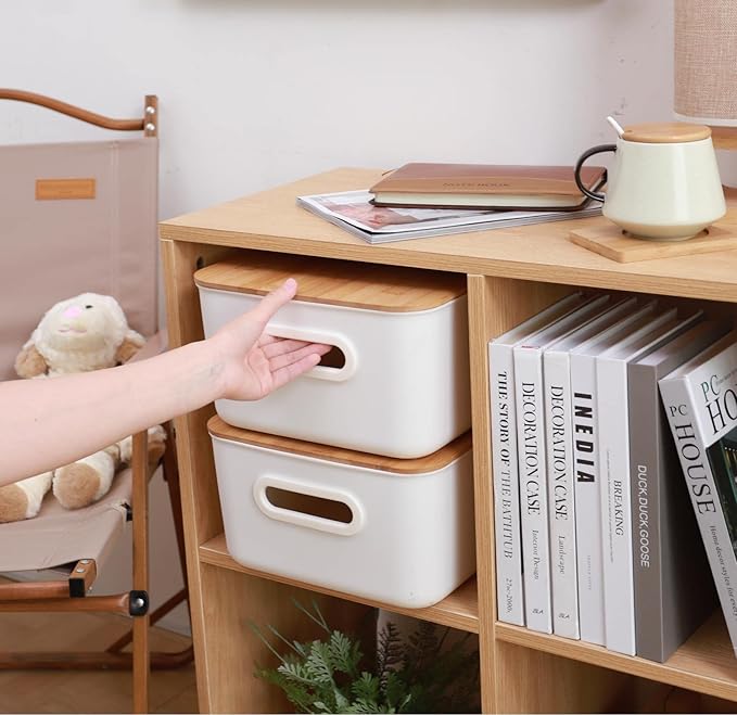 Citylife 2 PCS Storage Bins with Bamboo Lids Plastic Storage Containers for Organizing Stackable Storage Box with Handle, 15.12 x 10.67 x 5.98 inch
