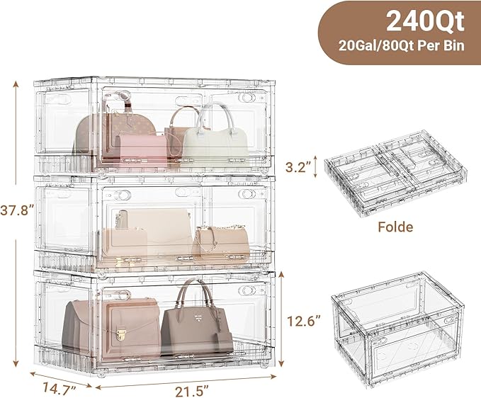 BROVIEW Clear Stackable Storage Bins Drawers, 240Qt Open Front Large Plastic Storage Bins with Lids and Wheels, Foldable Closet Organizers and Storage for Wardrobe Cabinets, Pantry, Makeup,3 Pack