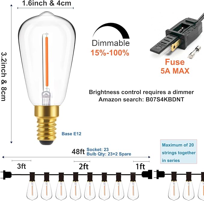 100ft Outdoor String Lights 48 ft with 25 LED Edison Bulbs, Dimmable Waterproof Shatterproof 2200K Warm