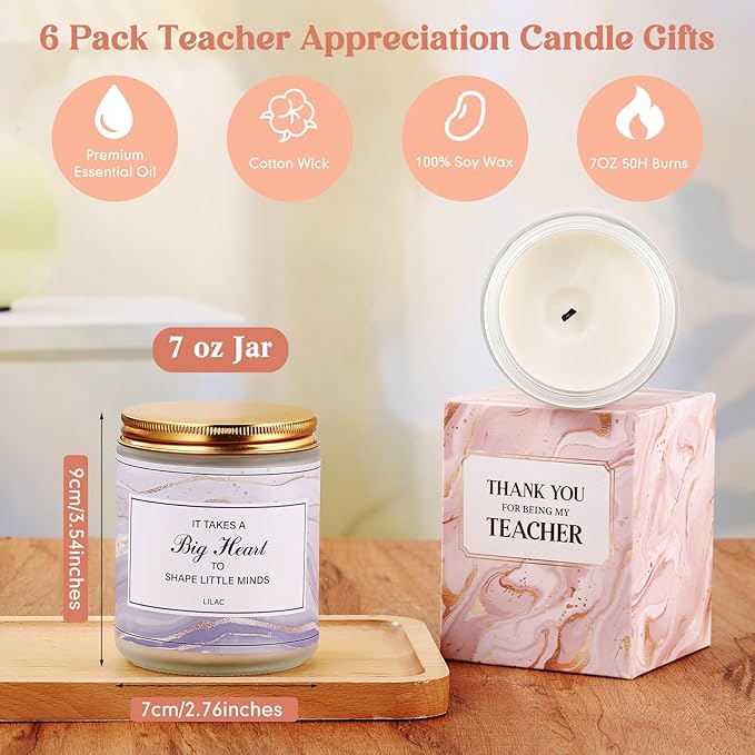 6 Pack Christmas Teacher Appreciation Gifts Scented Candles Bulk Large 7 oz Soy Wax Thank You Teacher's Day Graduation Retirement Gifts Jar Candles Set Bundle Long-Lasting Scents for Women