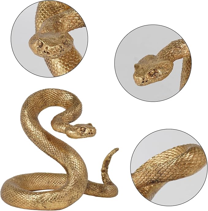 Guichifun Snake Statue Decor Collectible Figurines - Gold Resin Animal Chinese New Year Mascot Home Shelf Office Table Halloween Decoration 7.25 x 7.25 x 6.5 Inch