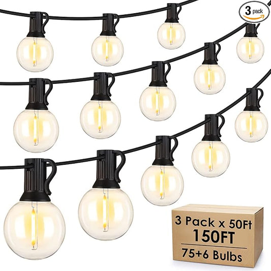 Mlambert 150Ft(3x50Ft) Outdoor String Lights, G40 Globe Patio Lights with 75+6 Dimmable Shatterproof LED Hanging Bulbs for Backyard Party-Black Wire