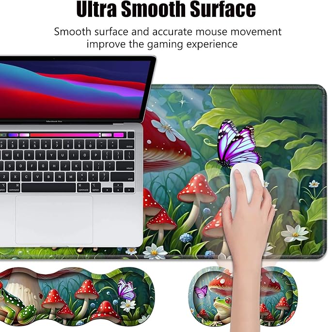 4 in 1 Ergonomic Memory Foam Mouse Pad Wrist Rest Set, Large XXL Gaming Desk Pad + Keyboard Wrist Rest + Mouse Wrist Cushion + Coaster for Home Office Study Gaming, Frog Mushroom Butterfly
