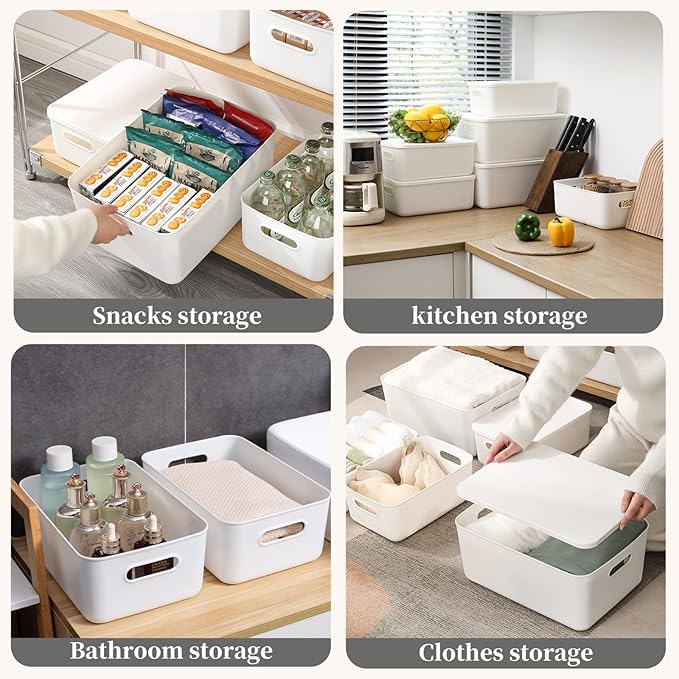 Plastic Storage Baskets Bins Boxes With Lids,Organizing Container White Storage Organizer Bins For Shelves Drawers Desktop Playroom Classroom Office,3-Pack(M+2S)