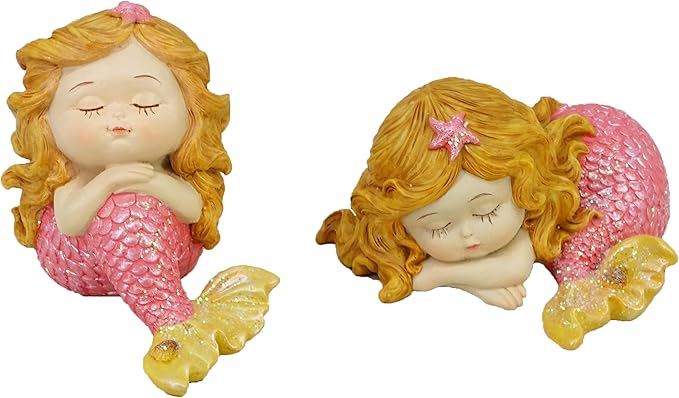 Mini Mermaid Figurine Set (2-Pack) - 4-Inch Sleeping Baby Mermaid Statue, Cute Tailed Mermaid Princess Decor for Fish Tank, Shelf & Home Décor