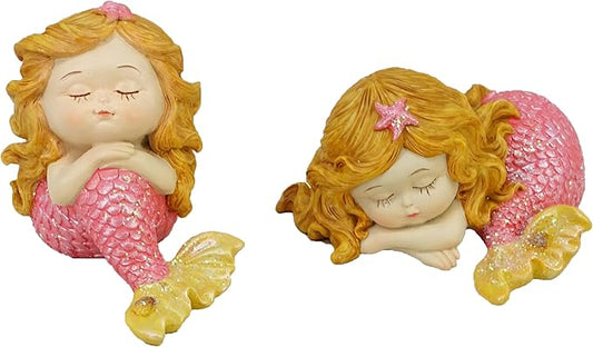 Mini Mermaid Figurine Set (2-Pack) - 4-Inch Sleeping Baby Mermaid Statue, Cute Tailed Mermaid Princess Decor for Fish Tank, Shelf & Home Décor