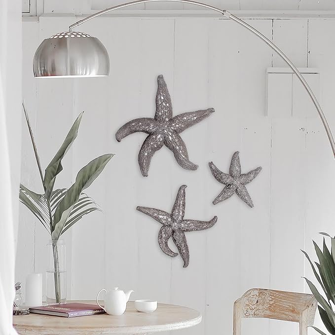 Howard Elliott Decorative Deep Starfish Figurine Hanging Wall Art for Home & Garden Decor, Silver Leaf Finish Abstract Decorative Sea Animal Figure for Tabletop & Wall Decoration 12 x 11 Inch, Small