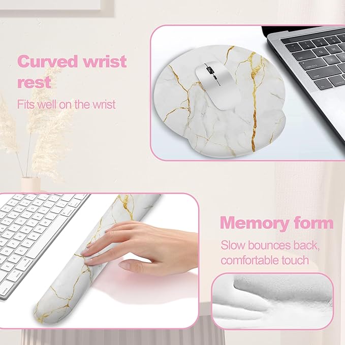 White Gold Flowing Marble Mouse Pad with Wrist Rest and Keyboard Wrist Rest Set, Non-Slip Rubber Base Memory Foam Mouse Pad Set for Women, Office Desk Accessories, Gaming