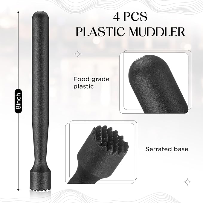 Baderke Muddler for Cocktails Plastic Bar Muddler Bulk 8 Inch Bar Accessories Tools Set for Home Ice Crusher Bartender Accessories Mojito Fruit Drink (Classic,Black,4 Pcs)