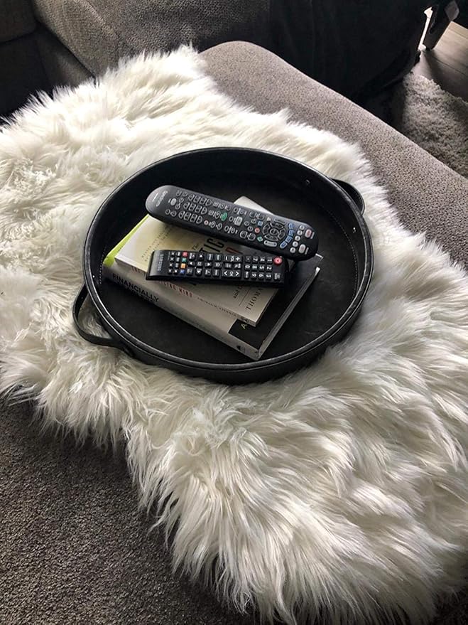 HofferRuffer Top Nocth PU Leather Round Serving Tray, Decorative Serving Tray with Handles, Coffee Tray, Ottoman Tray for Home Or Office, Diameter 14.6-inch (Dark Grey)