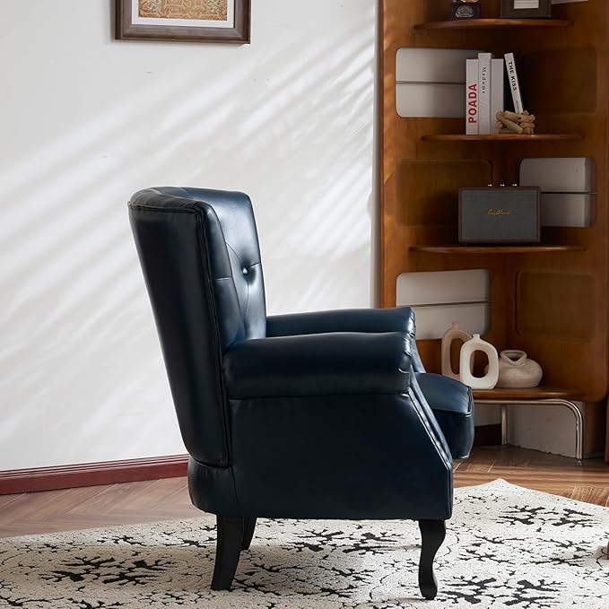 Modern Faux Leather Accent Chair, Upholstered Mid-Century Armchair with Solid Wood Legs, Single Sofa Chair for Living Room, Bedroom, or Reading Room（Navy）