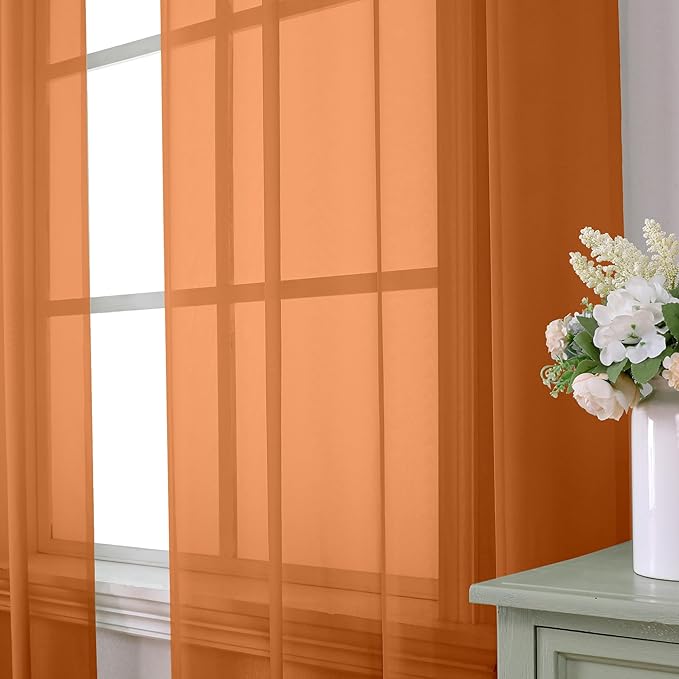 Aiyufeng Orange Sheer Curtains 36 inches Long, Short Kitchen Window Treatment Solid Sheers Cafe Curtains Bathroom Voile Half Window Curtains 2 Panels, Rod Pocket, 40" Wx36 L