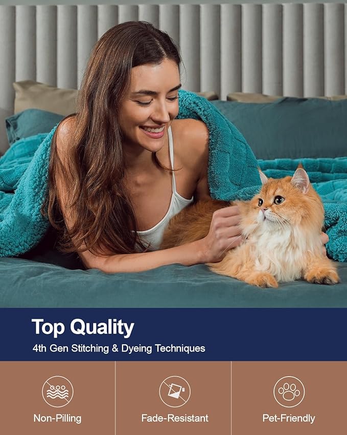 Pawque Super Soft Cozy Throw Blanket Queen Size for Couch Bed, Fluffy Sherpa Fleece Reversible Thick Warm Fuzzy Blanket for All-Season, 3D Checkered Jacquard Decorative Blankets, Teal Green, 90"x90"