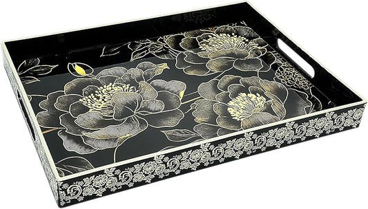 Serving Tray with Handles, 15.7 * 11.8 inches, Plastic Ottoman Tray with Exquisite Paintings, Trays for Coffee Table