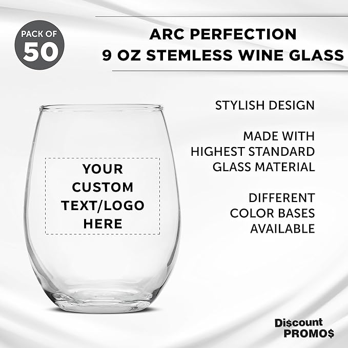 Custom Stemless Wine Glass 9 oz. Set of 50, Personalized Bulk Pack - Great for Wedding Favors, Bachelorette Party Decorations, Party Favors, Color Bottom - Clear