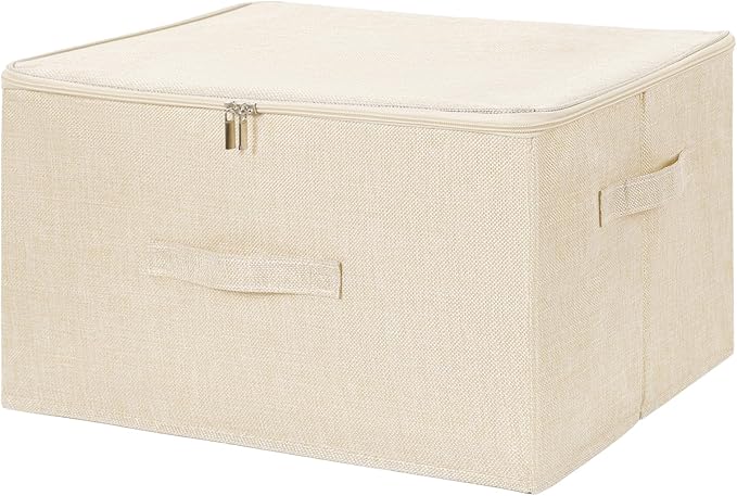 ANMINY Storage Bins with Zipper Lids 36 Qt Lidded Fabric Storage Boxes Baskets Cubes with Handles Collapsible Washable Cotton Linen Closet Shelf Clothes Organizer Containers - Beige, Large