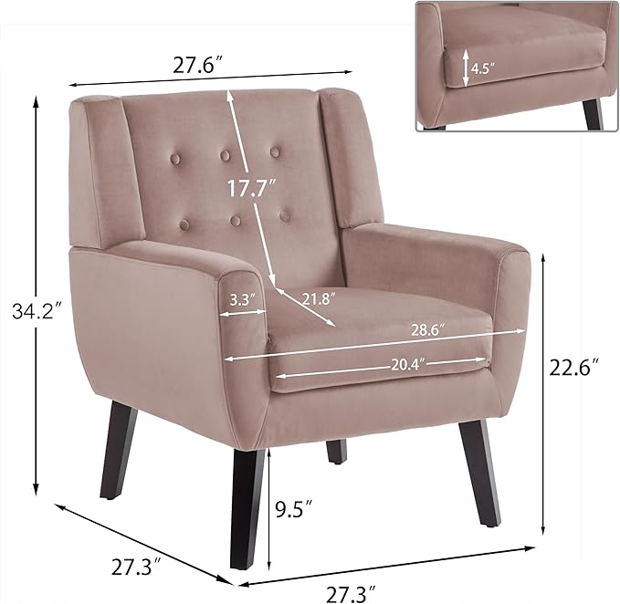 UIXE Velvet Accent Chairs Set of 2, Modern Arm Chair Mid-Century Living Room Armchair, Comfy Upholstered Button Tufted Reading Seat Bedroom Side Sitting, Skin Pink
