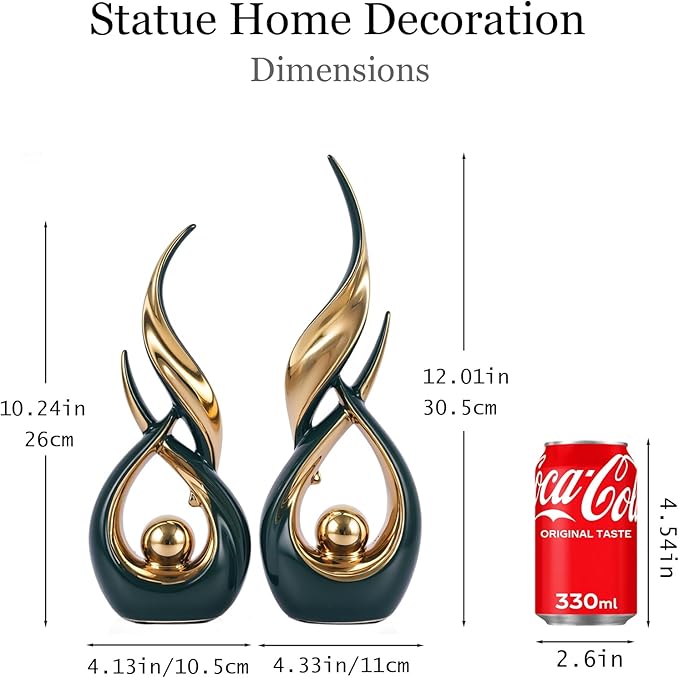 2 PCS Green Gold Ceramic Statues For Home Decor Accents, Modern Abstract Art Sculptures, Elegant Tabletop Decorative Objects For Dining Room, Entryway, Tv Stand, Mantel, Coffee Table Centerpieces
