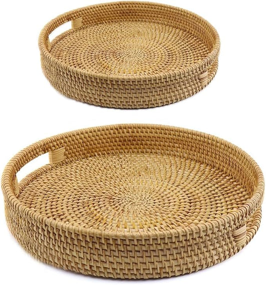 Handwoven Rattan Round Serving Tray, Natural Wicker Decorative Tray for Serving, Coffee Table, Home Décor and Entertaining, Gift Idea Choice,Set of 2
