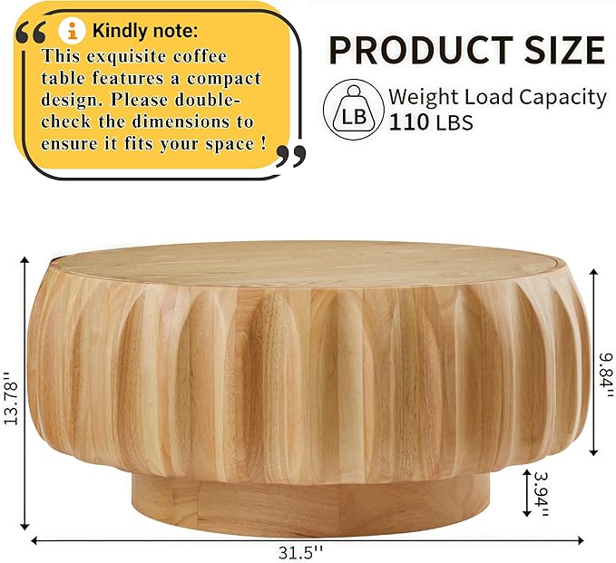31.5" Round Wood Coffee Table - Mid Century Modern Solid Wood Coffee Tables with Fluted Design for Living Room, Small Space, Apartment