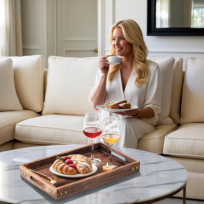 18.1 Inch Rustic Wood Serving Tray with Handles, Breakfast Tray Wooden Trays Decorative Serving Platter for Eating, Working, Storing, Used in Bedroom, Kitchen, Living Room, Bathroom and Outdoors